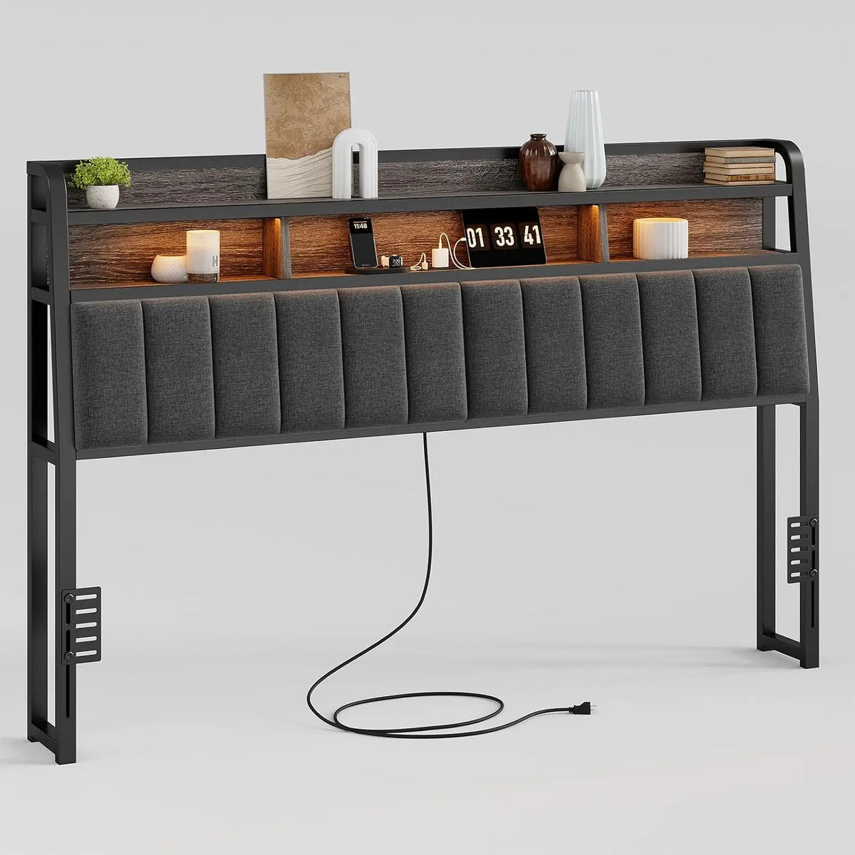 ONBRILL King Size Upholstered Headboard with Storage, RGB LED Lights and Charging Station, Black & Gray Linen Padded Headboard for Bedroom
