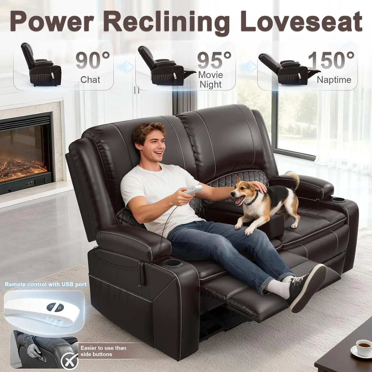 Power Loveseat Recliner, RV Loveseat Recliner Wall Hugger (Pu,Brown) | Power Reclining Loveseat with Removable Armrest,, Custom