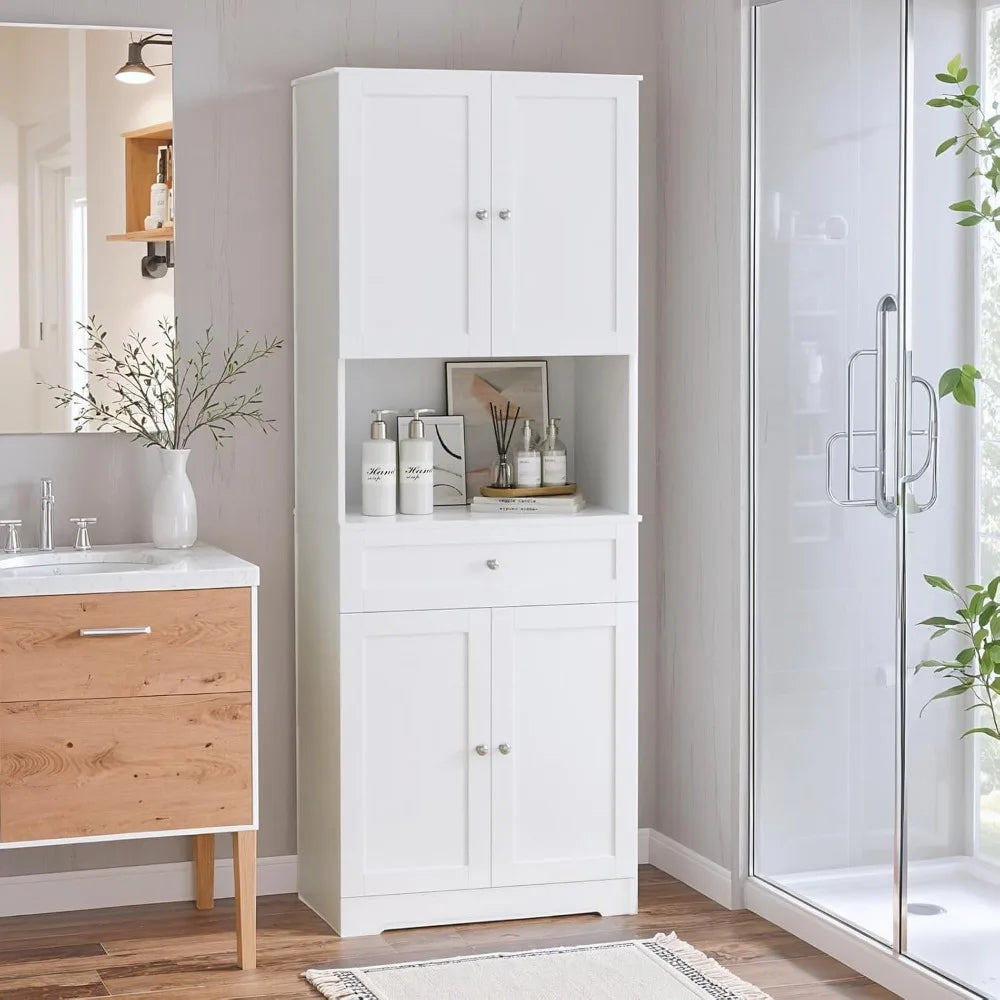 Tall Bathroom Storage Cabinet with Drawer, Modern Linen Cabinet, White