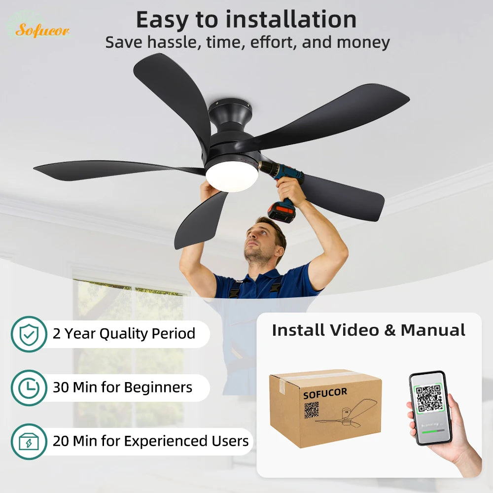 Sofucor 52-Inch 5 Blade modern designer Ceiling Fan light 6-Speed High Wind Speed With Remote Control for rooms