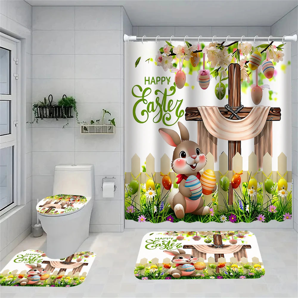 4/1 Easter Bunny shower curtain set, toilet seat decoration, shower curtain with carpet and toilet lid, size 70.8x70.8 in