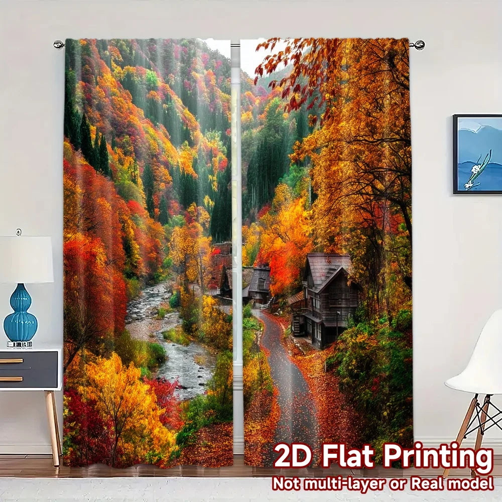 2pcs Autumn Forest Curtains Fall Nature Scenery River Mountain Window Drapes Rustic Landscape Decor Living Room Bedroom