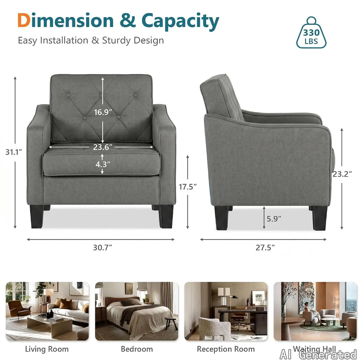 Grey Accent Chairs Set of 2, Wide Comfy Arm Chairs for Living Room, Office |  Tufted Club Chair, Reading Chairs for, Customized
