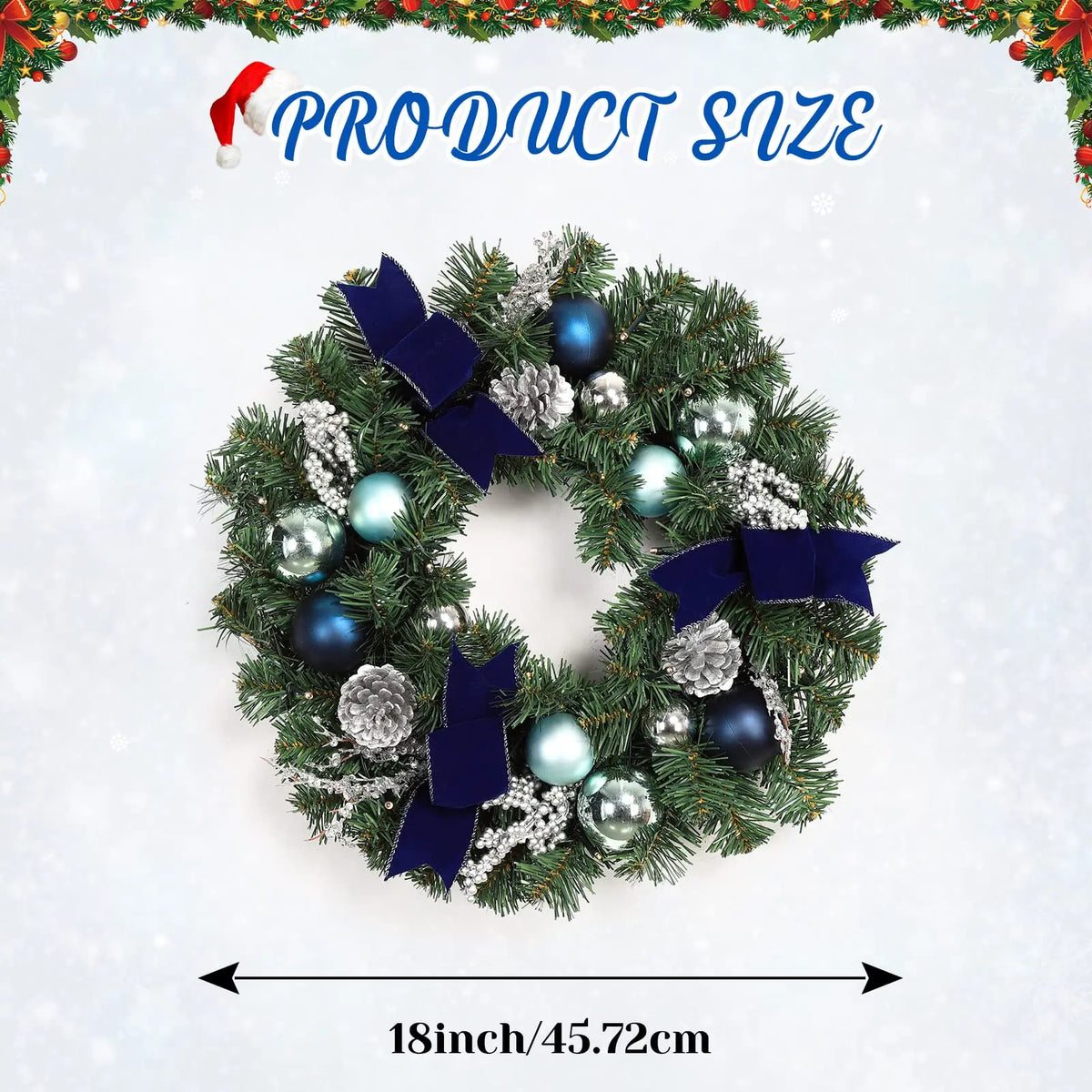 18 Inch Lighted Christmas Wreath For Front Door With 15 Warm Led Lights Blue Silver Ornaments Velvet Bows Winter Porch Wall Decor