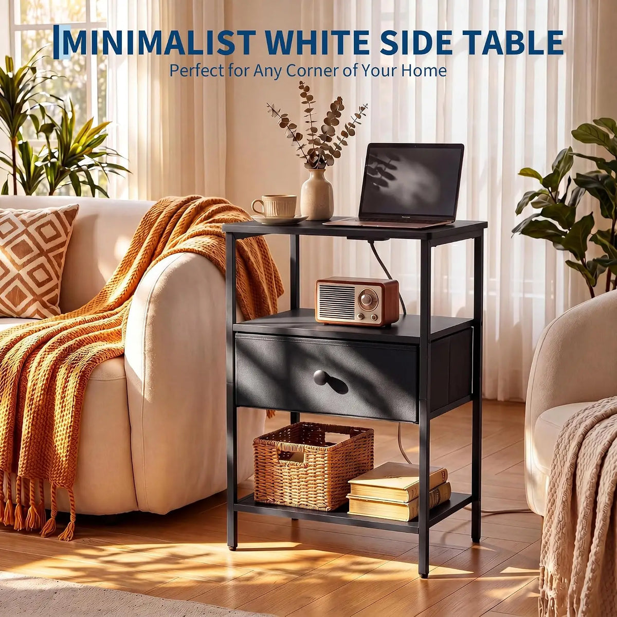 3 Tier Nightstand with Charging Station Fabric Drawer Open Storage Shelves Alloy Steel Frame Bedside End Table Side Table for Bedroom Living Room Small Spaces