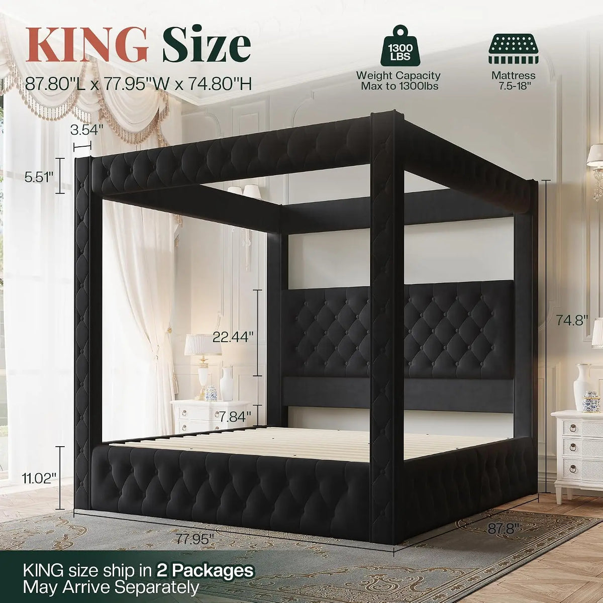 King Canopy Bed Frame Velvet Upholstered Deep-tufted Headboard 74.8" Tall Four Poster USB-A & USB-C Outlets No Box Spring 45-Min