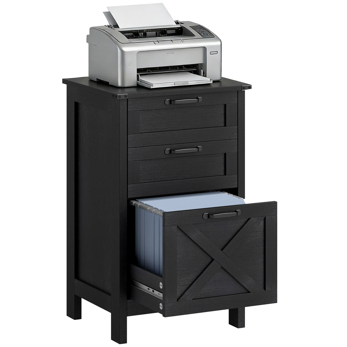 HOMCOM 3 Drawer File Cabinet with Silent Slides, Vertical Filing Cabinet for Hanging A4/Letter Size, Rustic Farmhouse Printer Stand with Storage for Home Office, Distressed Black