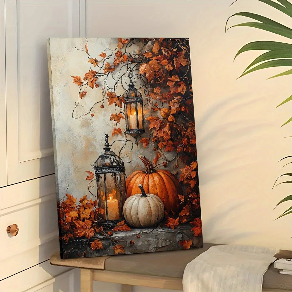 Halloween with Maple Leaves Pumpkin Candlelight Poster Prints Autumn Scenery Canvas Painting Wall Art Picture Holiday Home Decor