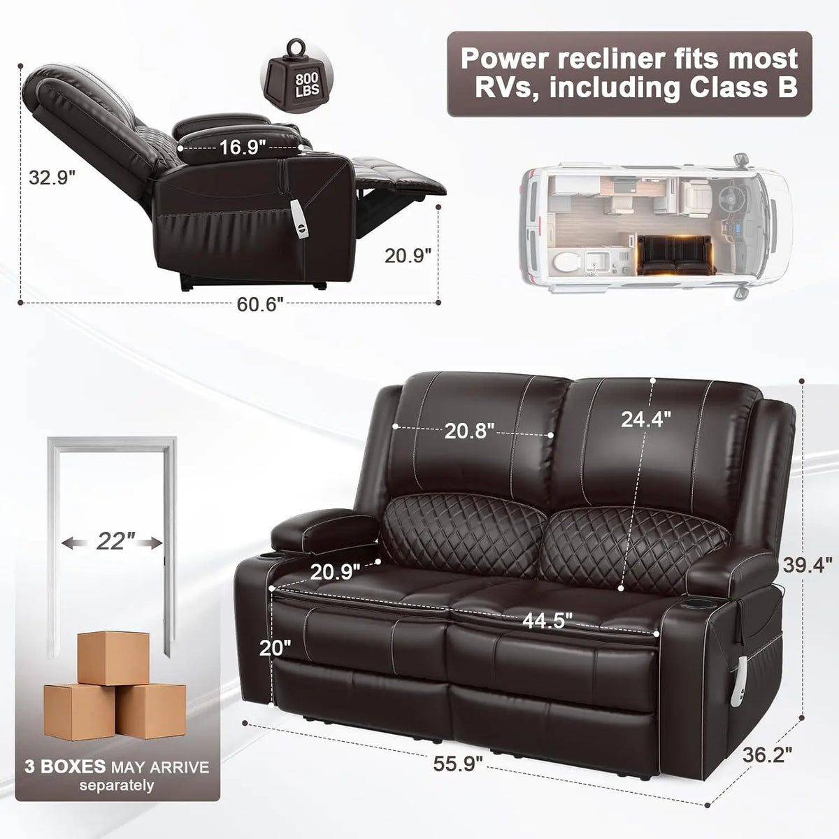 Power Loveseat Recliner, RV Loveseat Recliner Wall Hugger (Pu,Brown) | Power Reclining Loveseat with Removable Armrest,, Custom