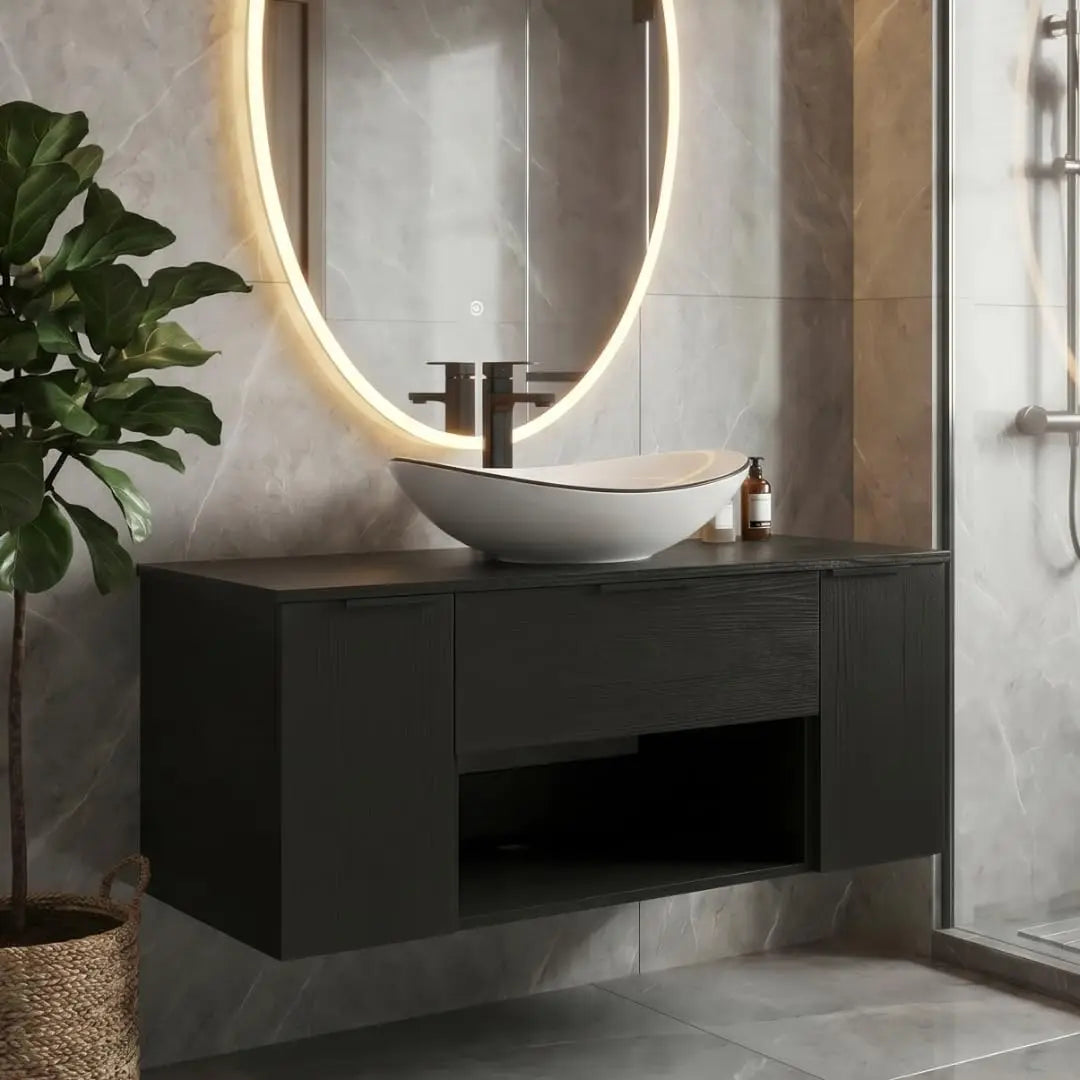 36'' Floating Bathroom Vanity with Sink, Wall Mounted Vanity, Black | Floating Bathroom Cabinets, Black handle, 1 Door
