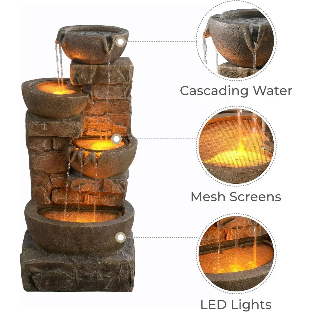 US Shipped   LED Waterfall Fountain with Cascading Bowls and Stacked Stones for Garden Patio