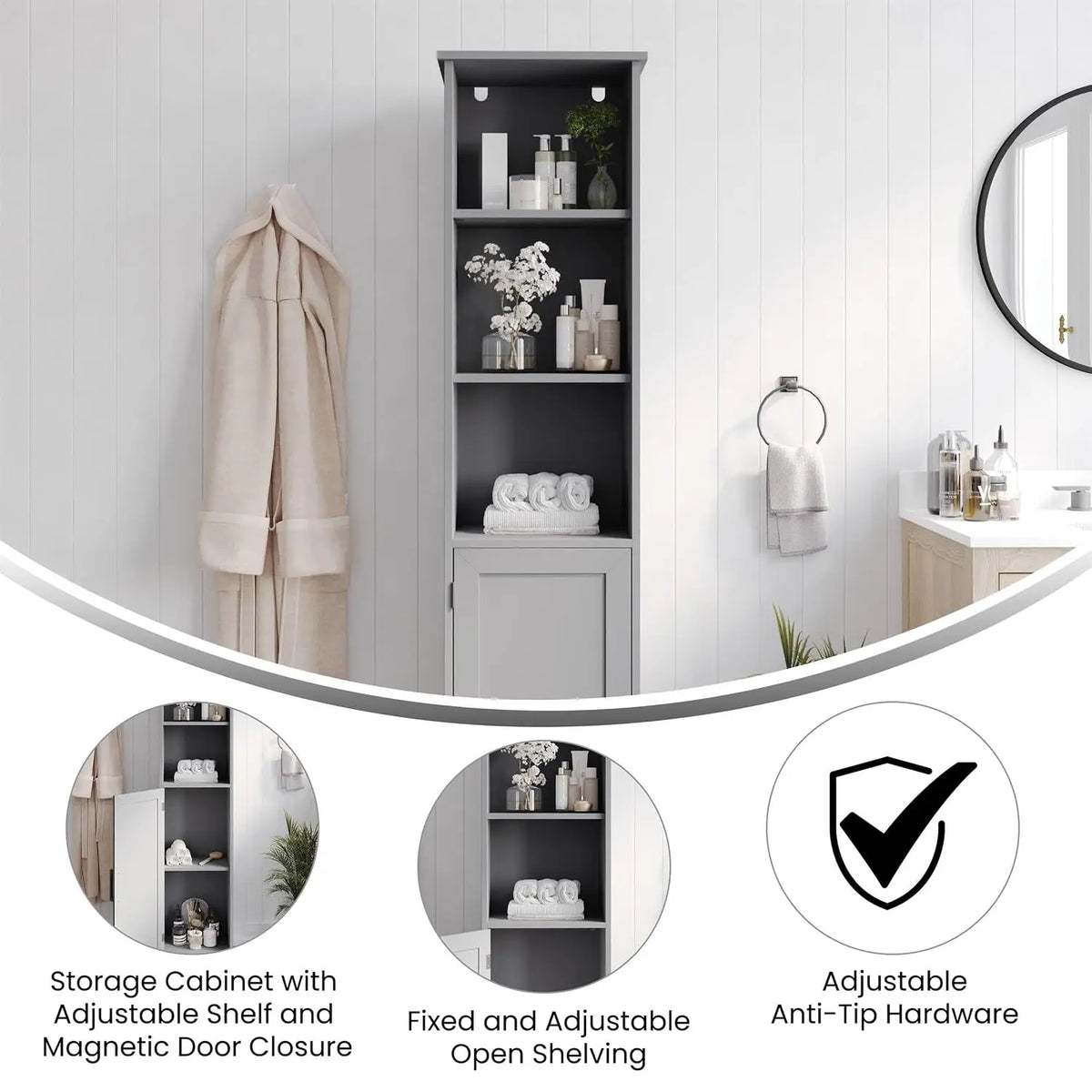 Freestanding Bathroom Linen Tower Storage Cabinet with Adjustable Shelves & Doors, Gray, Customized