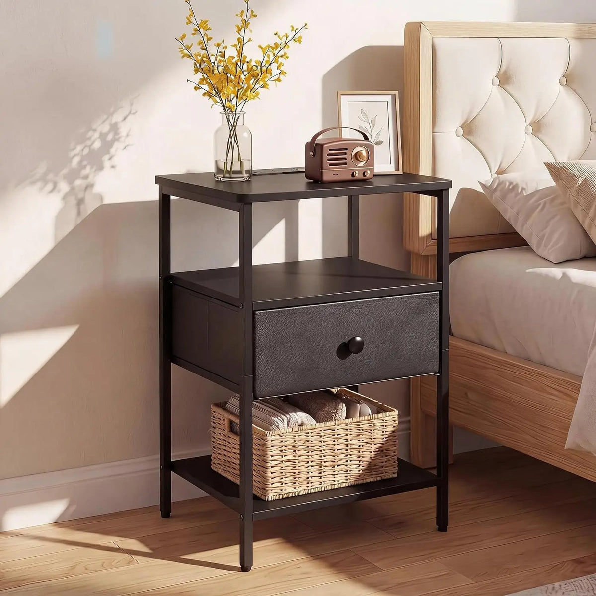 3 Tier Nightstand with Charging Station Fabric Drawer Open Storage Shelves Alloy Steel Frame Bedside End Table Side Table for Bedroom Living Room Small Spaces