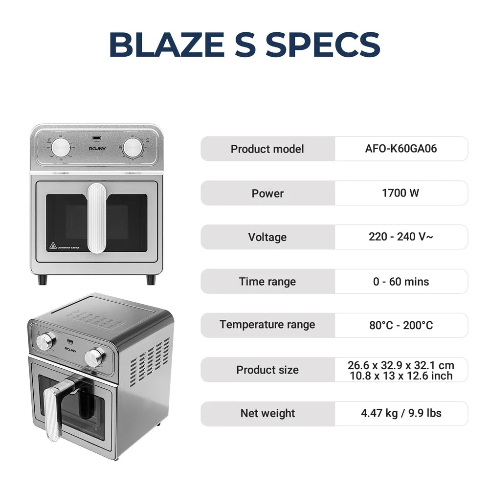 ROUNY 6.5L Air Fryer Oven with View Window, 304 Stainless Steel Basket, All-Metal Body and No-Turn Cooking