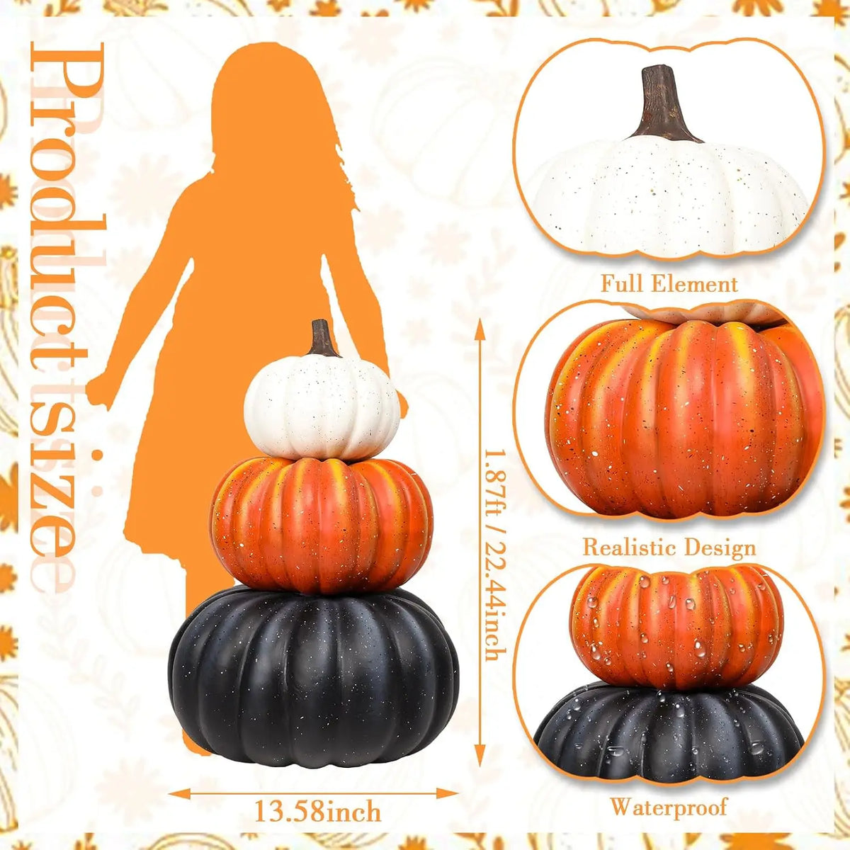 23 Inch Large Stacked Faux Pumpkins,3-Tier Fall Halloween Porch Decoration