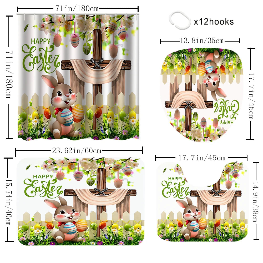 4/1 Easter Bunny shower curtain set, toilet seat decoration, shower curtain with carpet and toilet lid, size 70.8x70.8 in
