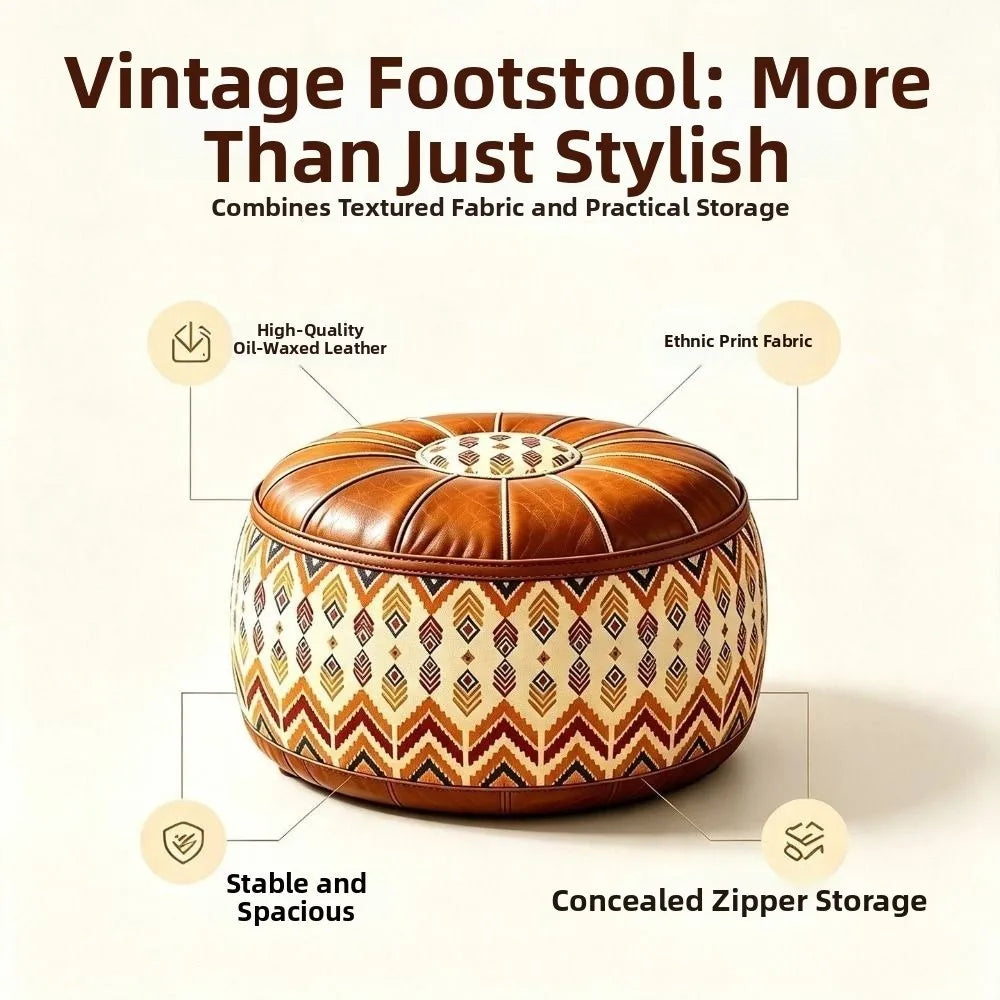 New PU Leather Fillable Ottoman Pouf Embroidered Pattern Moroccan Style Storage Ottoman Round Shape Floor Seat Cushion Home Use