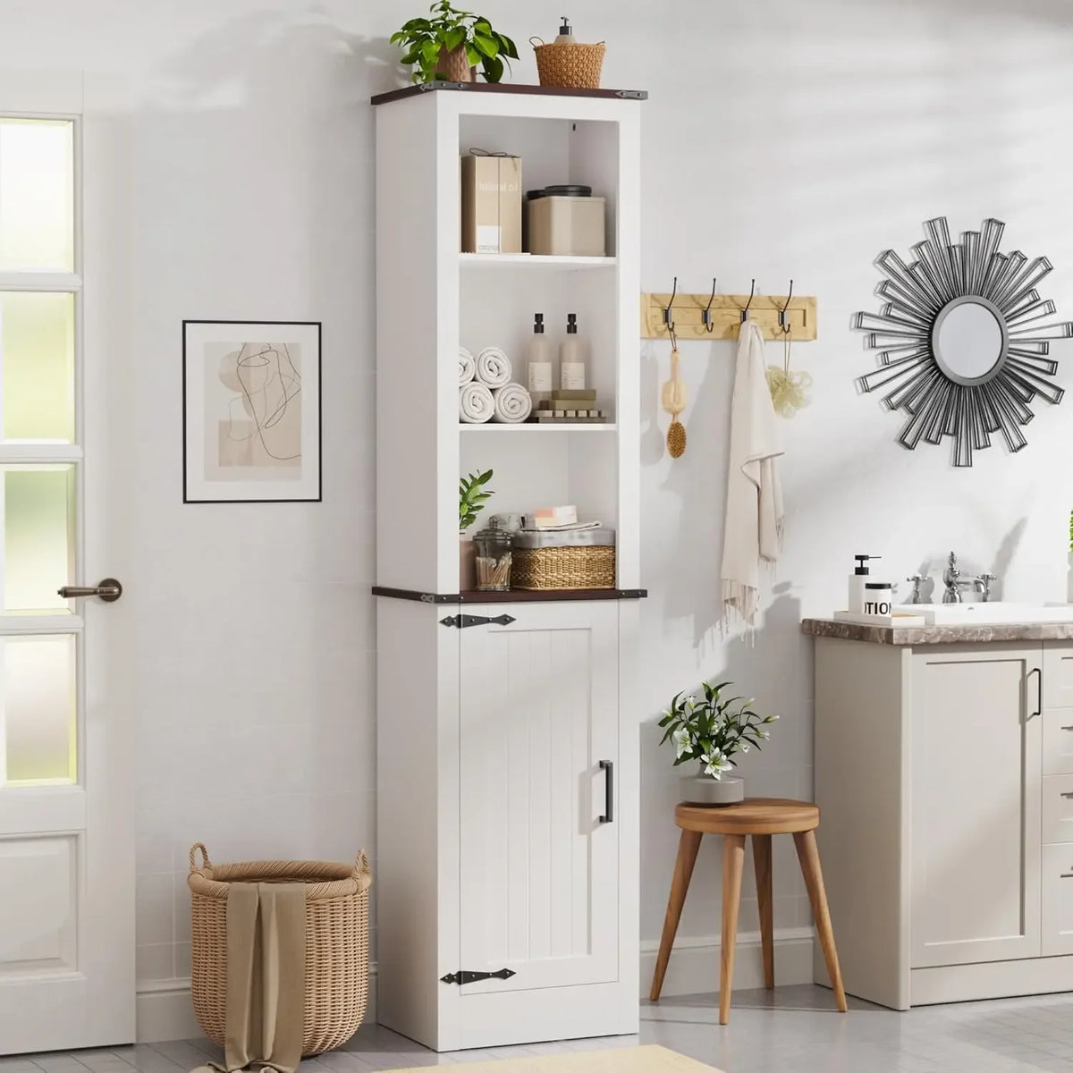 71" Tall Bathroom Storage Cabinet, Farmhouse Storage Cabinet with Adjustable Shelves, Narrow Linen Tower Cabinet for Bathroom, L