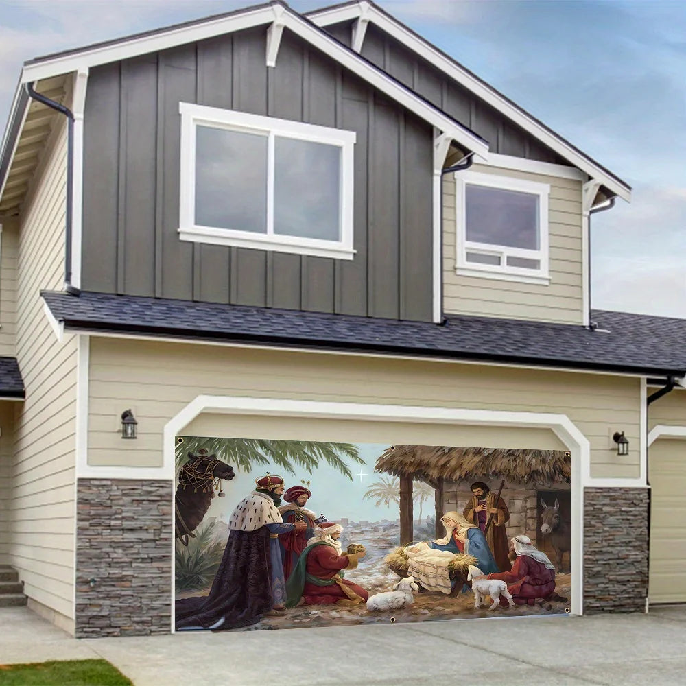 2D flat Christmas garage door banner, polyester, Jesus manger, Jesus' birth, suitable for winter festival decoration
