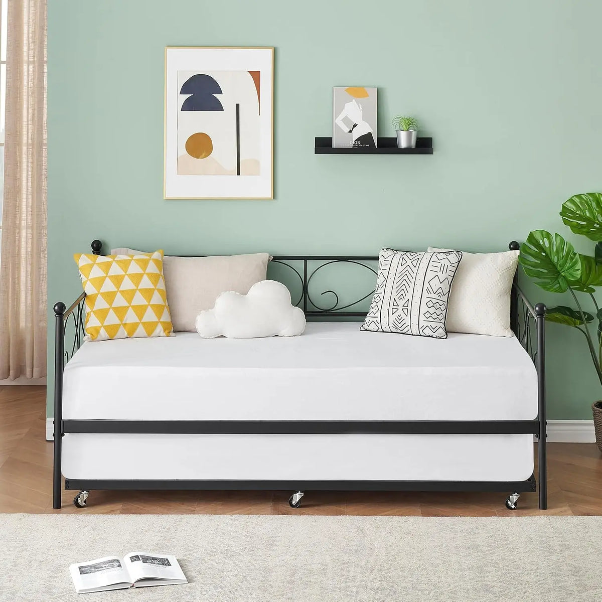 Sofa Bed with Pull-Out Trundle Bed for Bedroom/Living Room Twin Daybed with Trundle Upholstered Headboard & Charging Station Headboard Included No Box Spring Needed