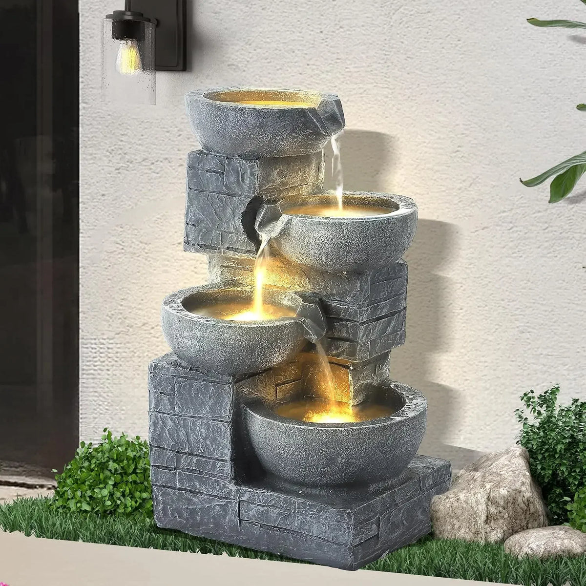 Outdoor Water Fountains, 4-Tier Fountains and Waterfalls with Lights | Indoor/Outdoor Garden Cascading Rock, Floor Standing Wate