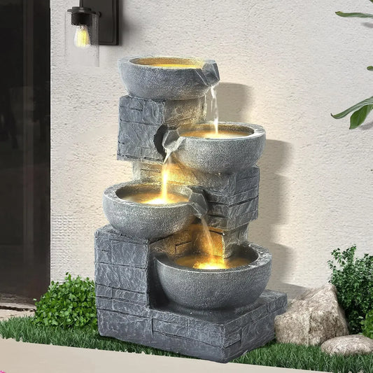 Outdoor Water Fountains, 4-Tier Fountains and Waterfalls with Lights | Indoor/Outdoor Garden Cascading Rock, Floor Standing Wate