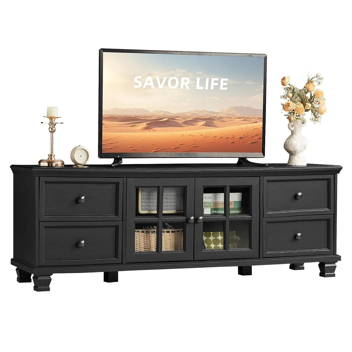 Farmhouse TV Stand with Glass Doors for Living Room, Walnut, Customized