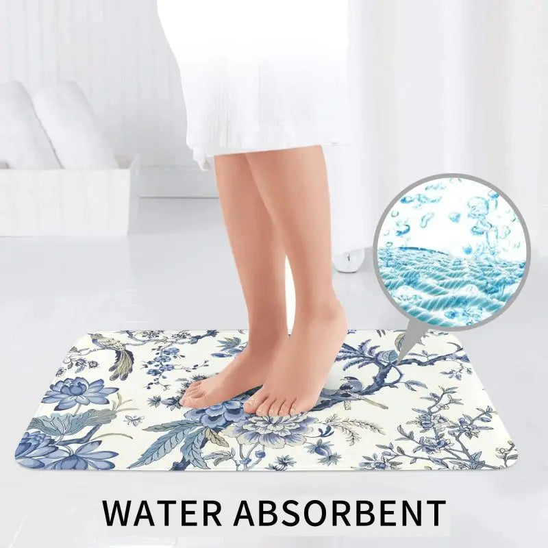3 Pcss Set Chinoiserie Blue and White Outdoor Bule Birds Flowers Non-Slip Bath Mats Toilet Seat Cover U-Shaped Mat and Floor Rug
