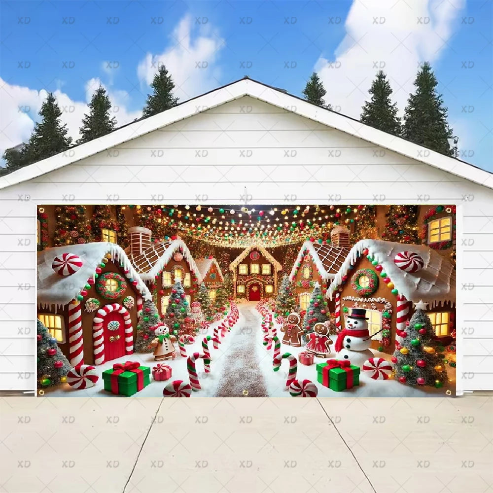 Christmas Large Garage Door Cover Backdrop Xmas Party Decoration Background Winter Yard New Year Party Wall Decor Banner Props