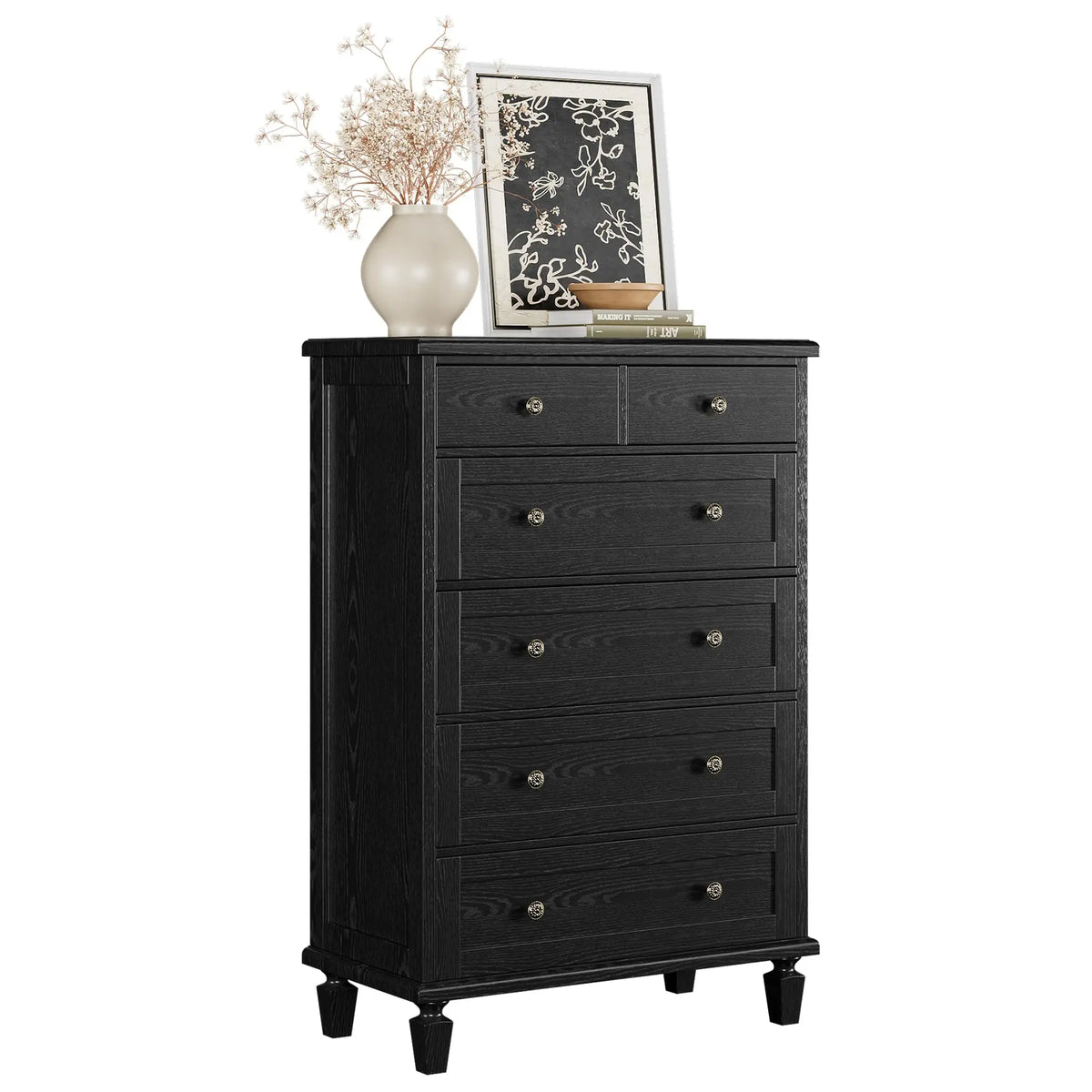 47 Inch 6 Drawer Dresser For Bedroom, Vintage White Chest Of Drawers With Carved Metal Handles, Tapered Legs & Large Storage