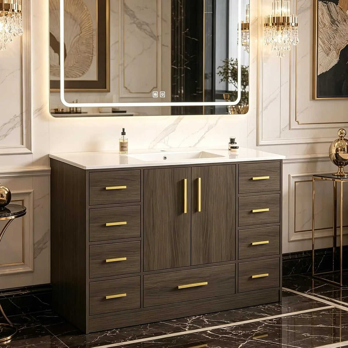 48" Bathroom Vanity with Sink,Single Sink Cabinet with 9 Drawers & 2 Soft-Close Doors, Modern Wood Storage, Customized