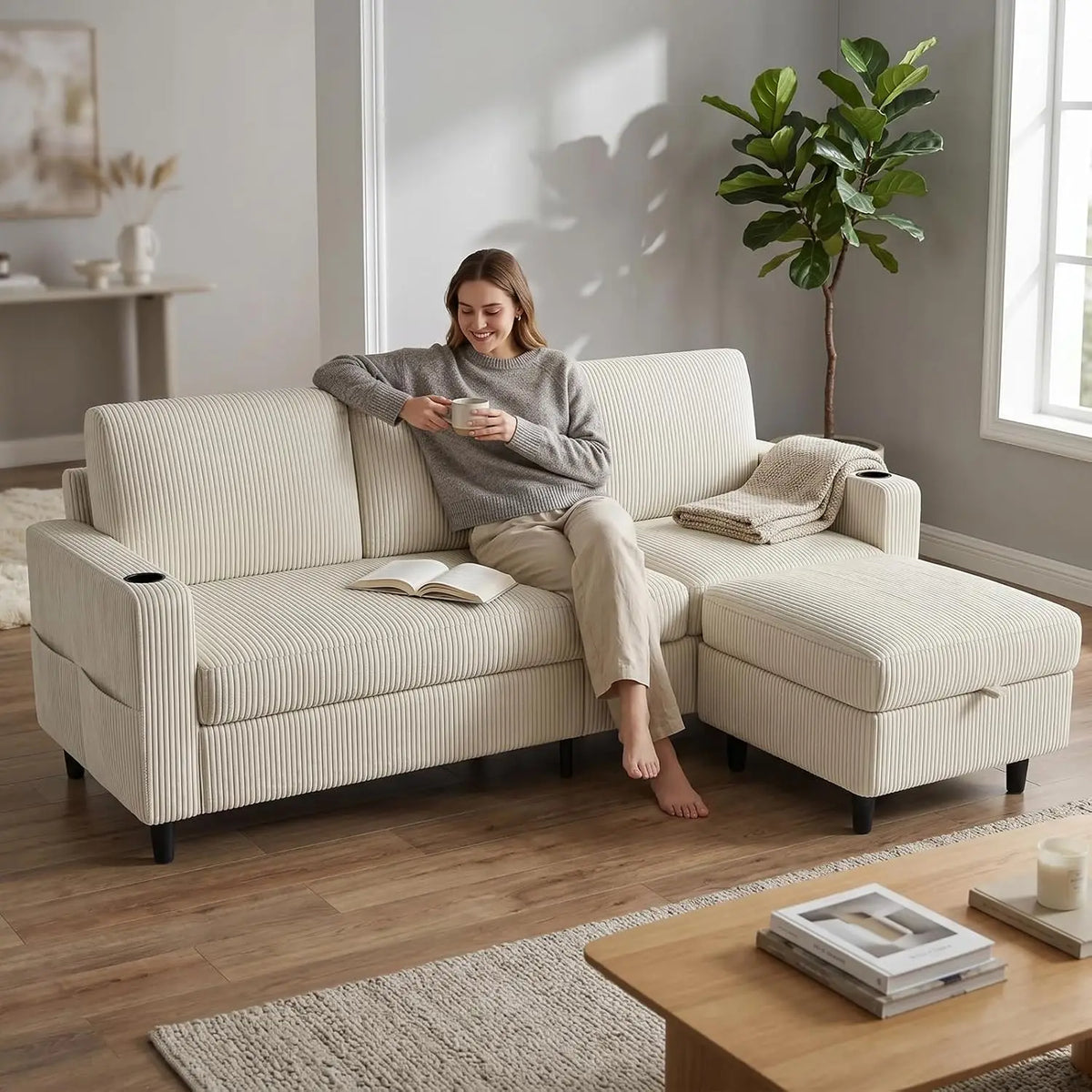 Convertible Sectional Couches for Living Room, 3 Seats L Shaped Sofa with Storage Ottoman & 2 Cup Holders, Modern, Custom