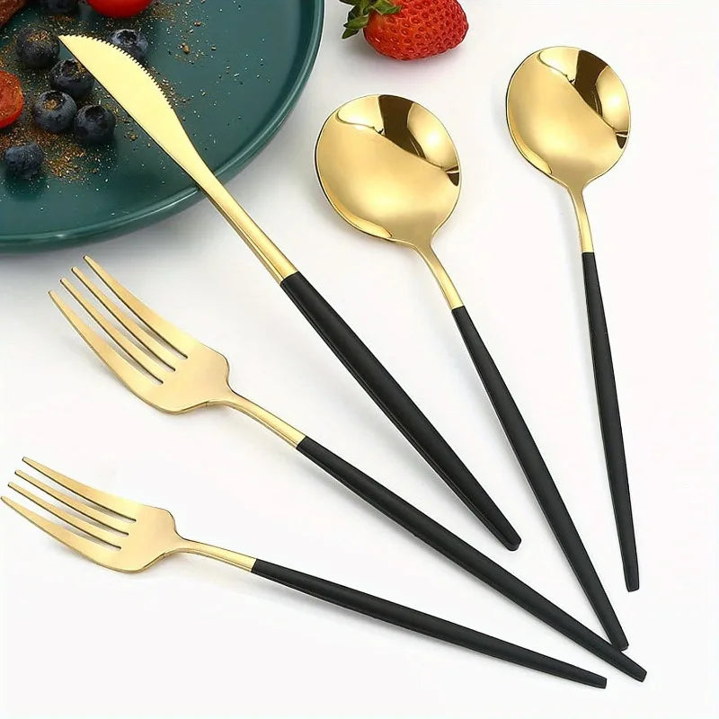 30 Pcs Stainless Steel Golden Black Cutlery Sets, Stainless Steel Golden Flatware Set - Mirror Polished Silveryware for Weddings, Knife Fork Spoon Household, Hotels, Restaurants - Dishwasher Safe