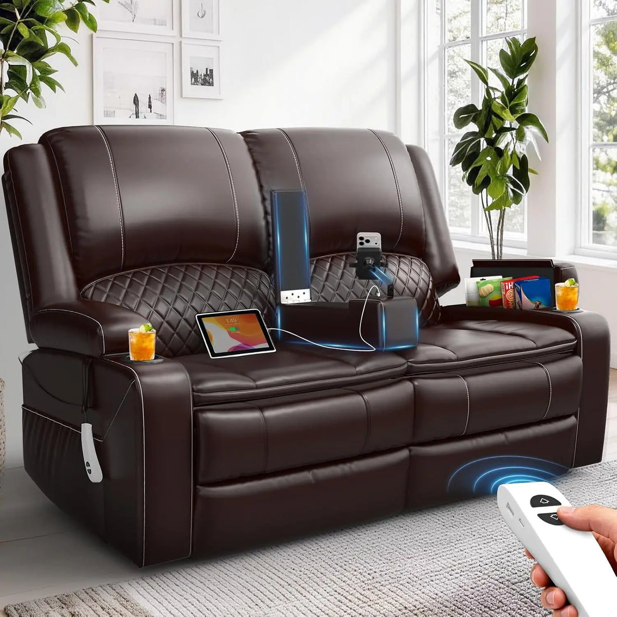 Power Loveseat Recliner, RV Loveseat Recliner Wall Hugger (Pu,Brown) | Power Reclining Loveseat with Removable Armrest,, Custom