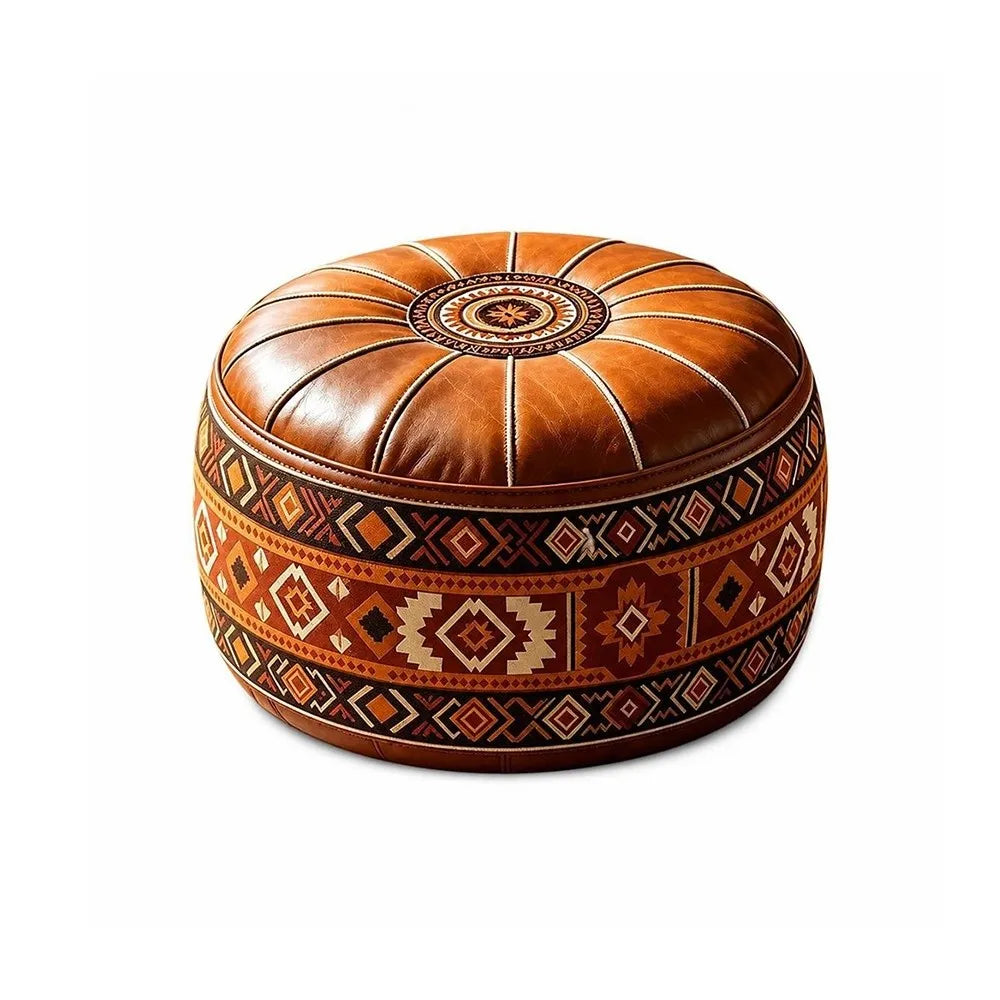New PU Leather Fillable Ottoman Pouf Embroidered Pattern Moroccan Style Storage Ottoman Round Shape Round Pouf Cover Living Room