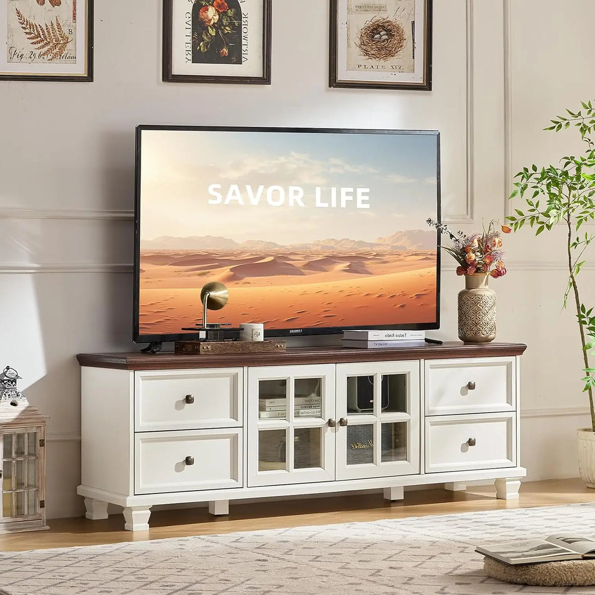 Farmhouse TV Stand with Glass Doors for Living Room, Walnut, Customized