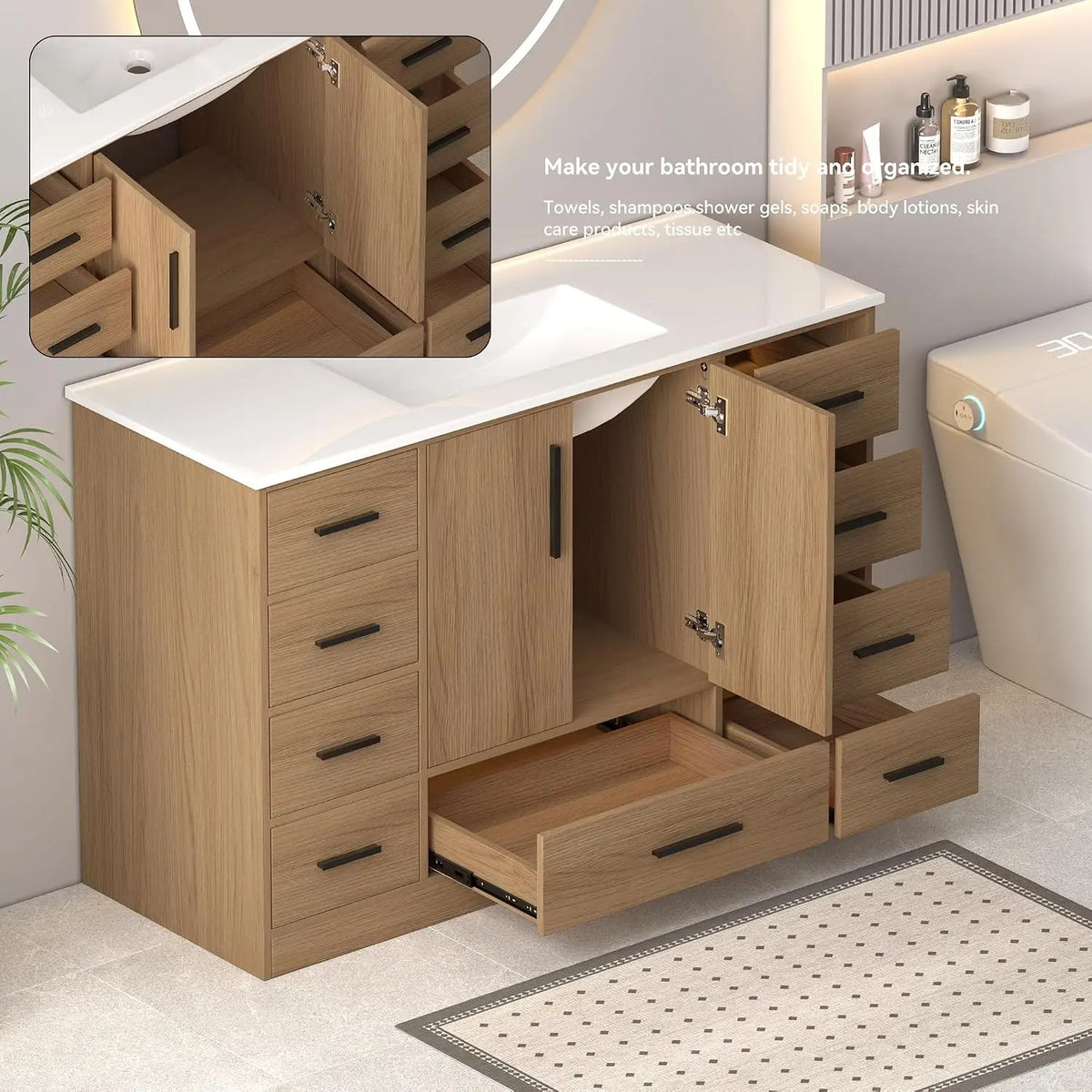 48" Bathroom Vanity with Sink,Single Sink Cabinet with 9 Drawers & 2 Soft-Close Doors, Modern Wood Storage, Customized