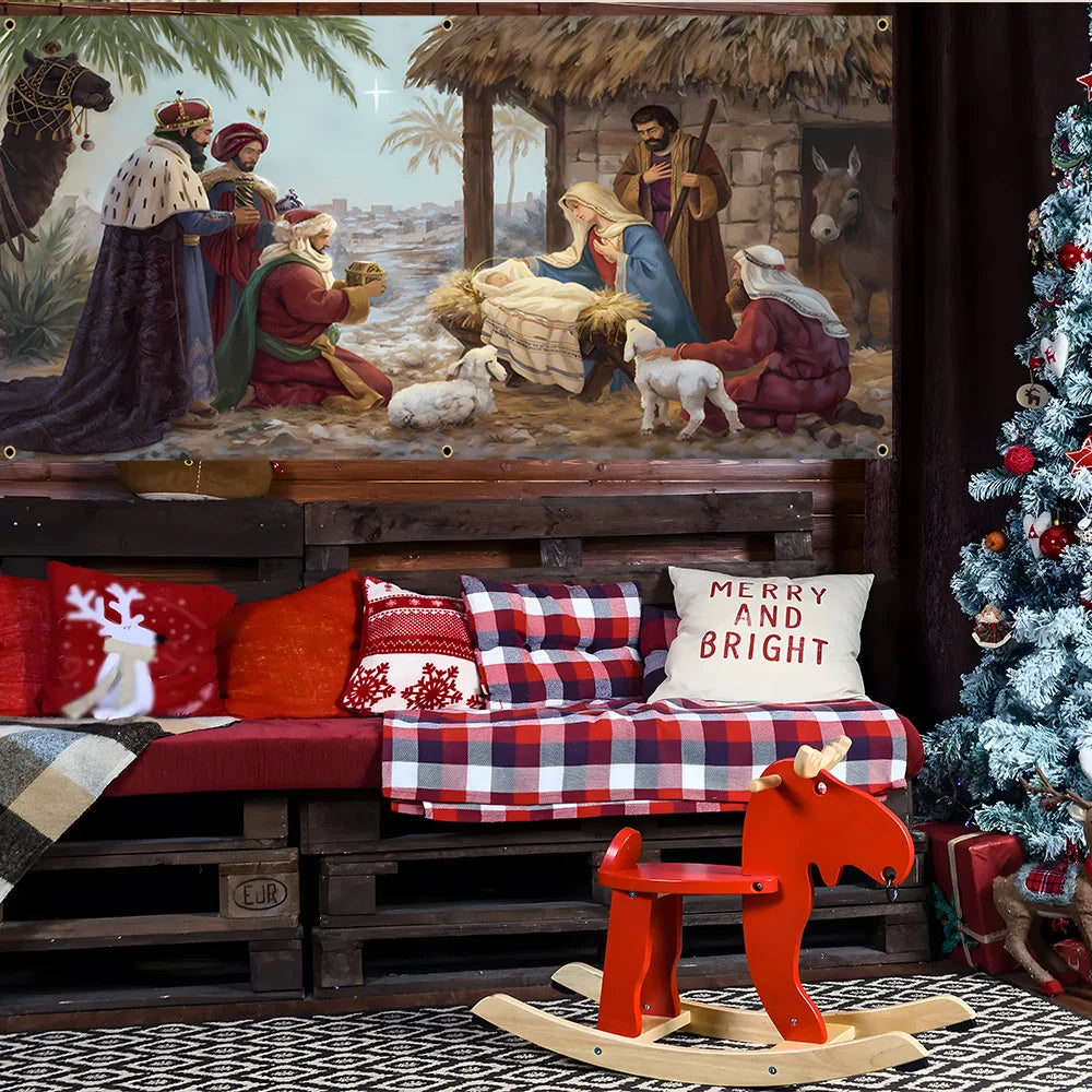 2D flat Christmas garage door banner, polyester, Jesus manger, Jesus' birth, suitable for winter festival decoration