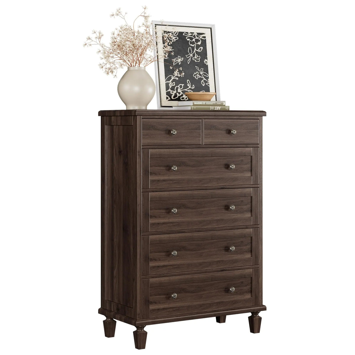 47 Inch 6 Drawer Dresser For Bedroom, Vintage White Chest Of Drawers With Carved Metal Handles, Tapered Legs & Large Storage