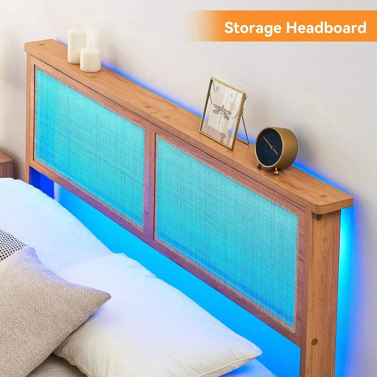 Bohemian Queen Rattan Bed LED Natural Headboard Bedroom | Bohemian queen rattan bed with natural headboard, LED, Customized