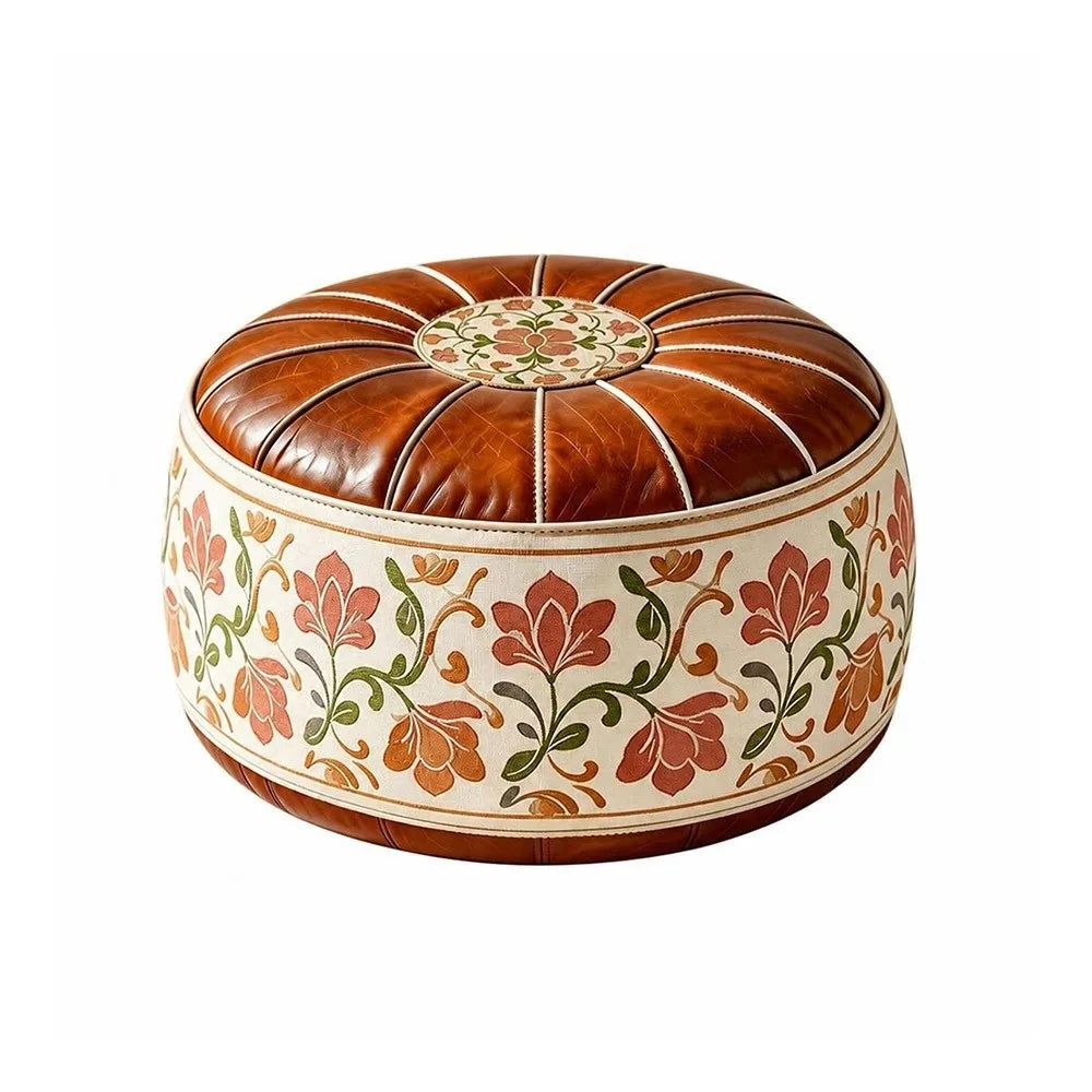 New PU Leather Fillable Ottoman Pouf Embroidered Pattern Moroccan Style Storage Ottoman Round Shape Round Pouf Cover Living Room