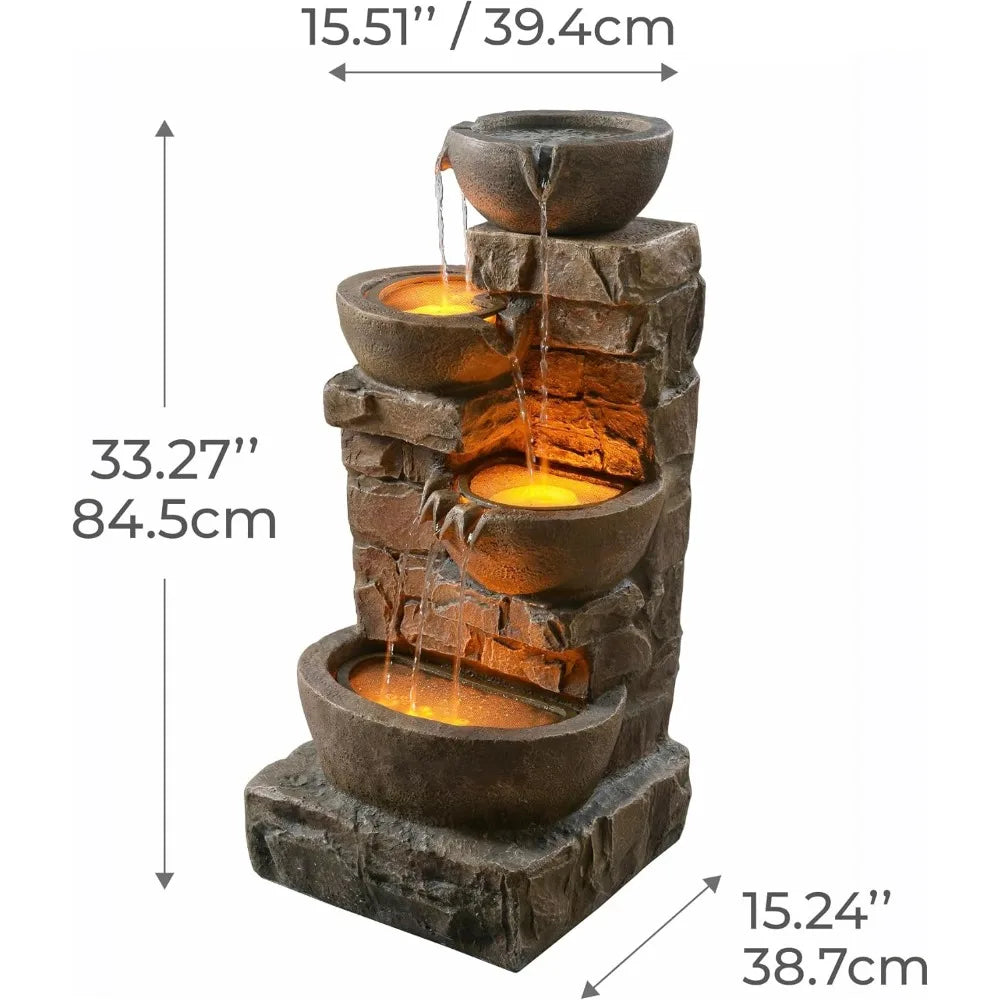 US Shipped   LED Waterfall Fountain with Cascading Bowls and Stacked Stones for Garden Patio