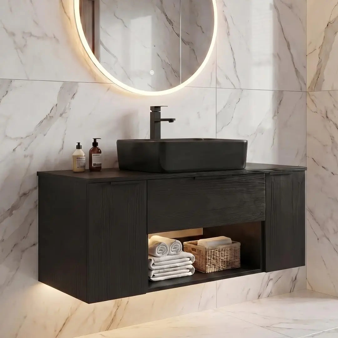 36'' Floating Bathroom Vanity with Sink, Wall Mounted Vanity, Black | Floating Bathroom Cabinets, Black handle, 1 Door