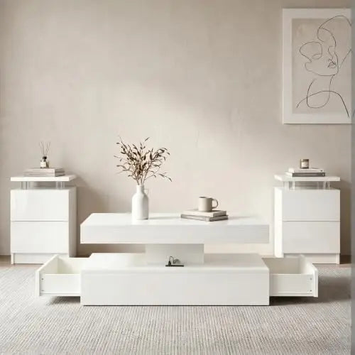 3-Piece Modern Living Room Table Set, Includes 47" LED Coffee Table and 15" End Tables Set of 2 with Storage Drawers