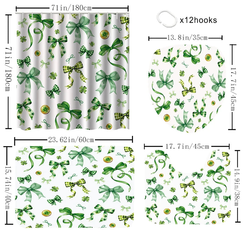 4-piece Green bow shower curtain set, toilet seat decoration, shower curtain with carpet and toilet lid, 12 70.8x70.8 inch