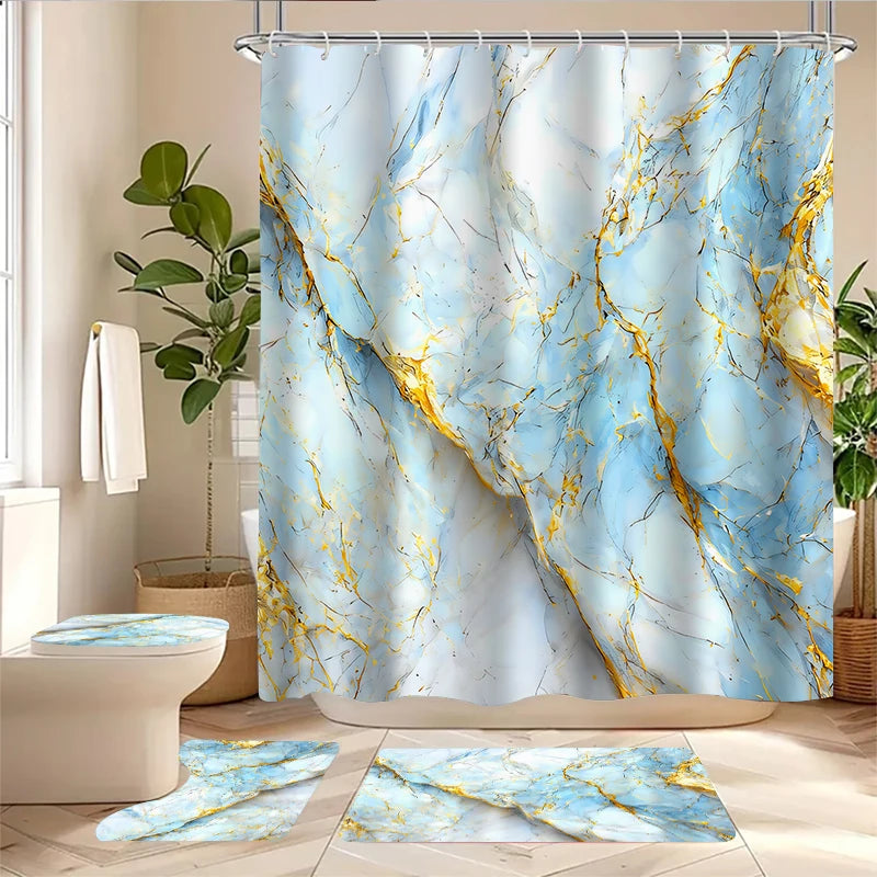 4-piece marble pattern shower curtain set, toilet seat decoration, shower curtain with carpet and toilet lid, 12 70.8x70.8 inch
