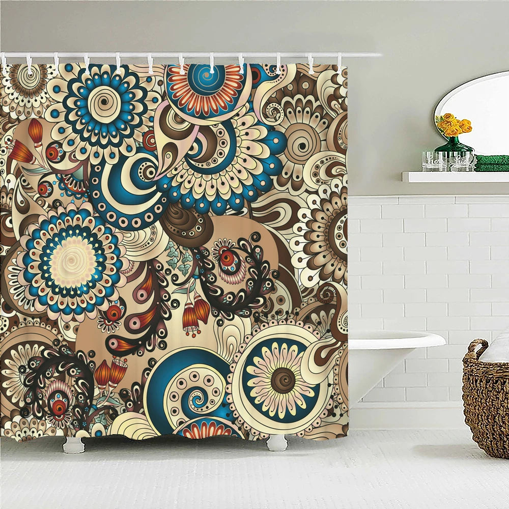 Bohemian Beach Fabric Shower Curtain Bathroom Curtains Indian Mandala Flower Waterproof Fabric Bath Screen with 12 Hooks