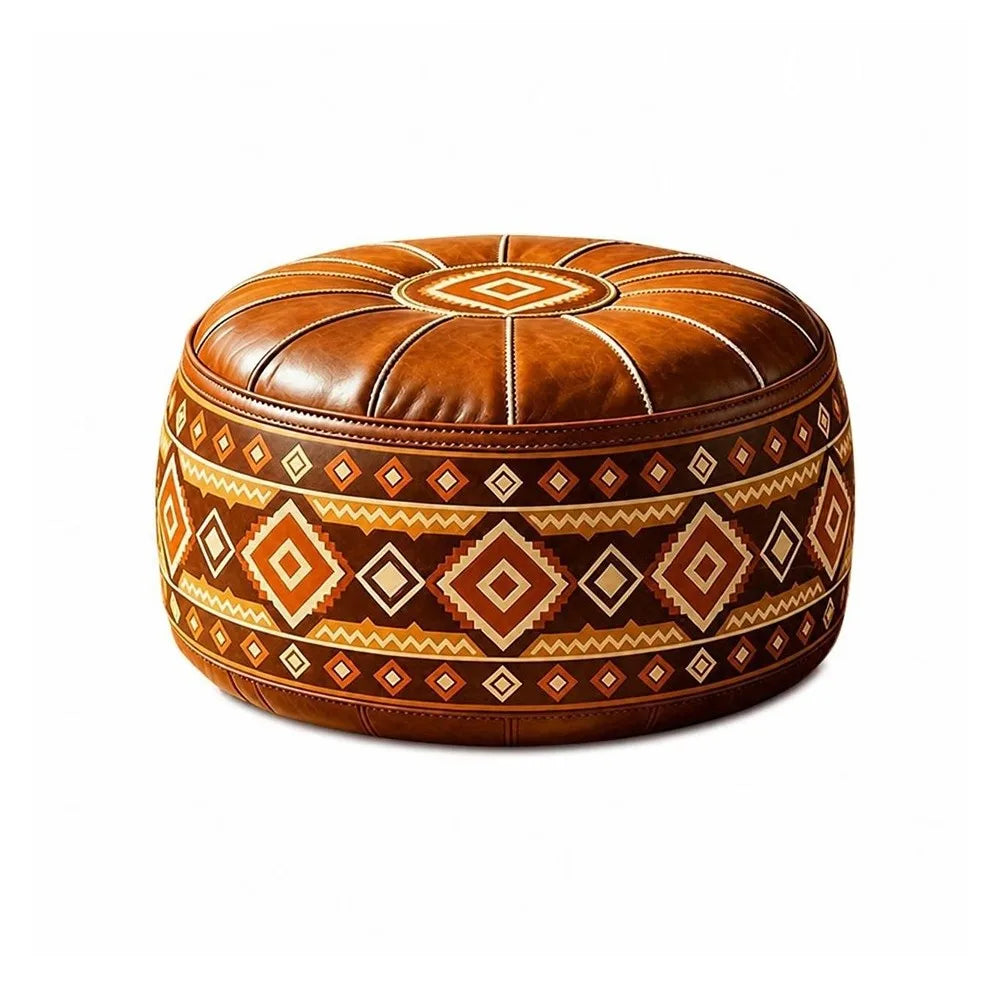 New PU Leather Fillable Ottoman Pouf Embroidered Pattern Moroccan Style Storage Ottoman Round Shape Round Pouf Cover Living Room