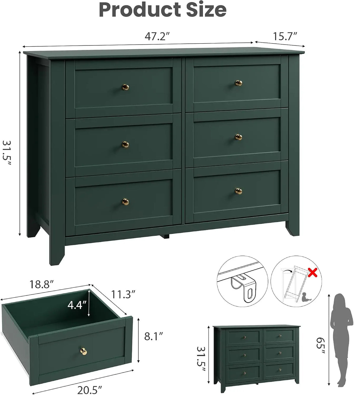 6-Drawer Dresser for Bedroom, 47.2" Wide Modern Large Chest of Drawers with Metal Knobs, Wooden Clothes Storage Organizer for Closet, Nursery, Living Room & Apartment
