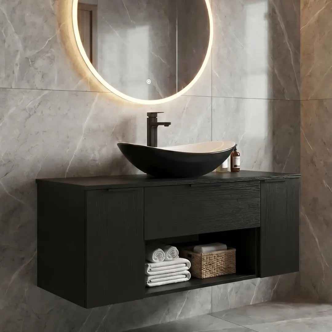 36'' Floating Bathroom Vanity with Sink, Wall Mounted Vanity, Black | Floating Bathroom Cabinets, Black handle, 1 Door